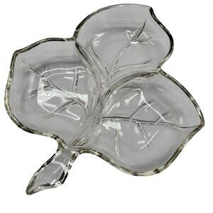 Hazel Atlas Crystal Glass Leaf  3 Part Relish Serving Dish Dining Serve Ware